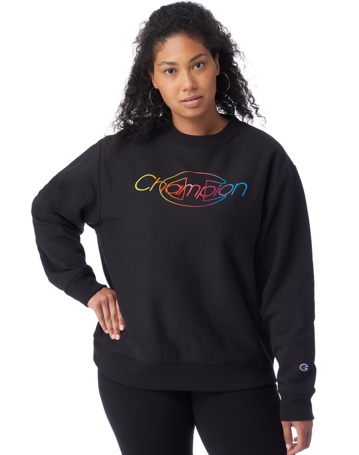 Champion Dame Sweatshirt Sort - Plus Reverse Weave Crew Rainbow Logo - Danmark YHA-835926